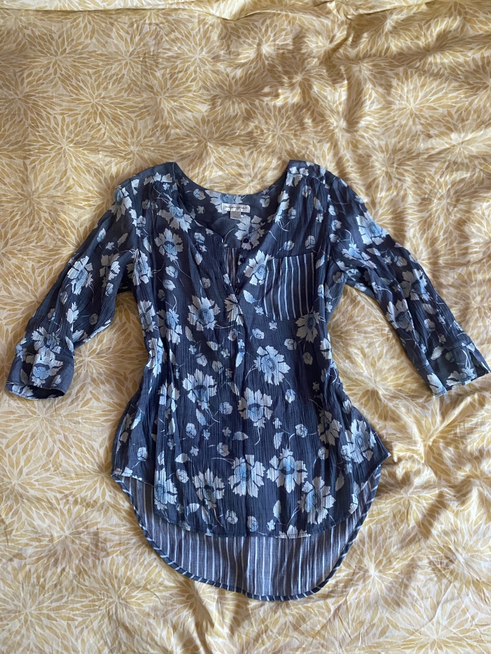 Christopher & Banks Striped Navy and White Floral Blouse size Large